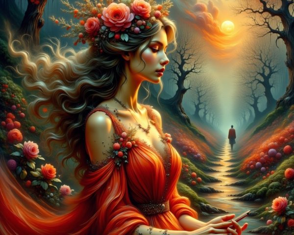 Serene Woman in Red Gown by Tranquil Stream at Sunset