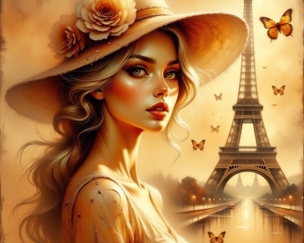 Young Woman with Hat and Eiffel Tower Background