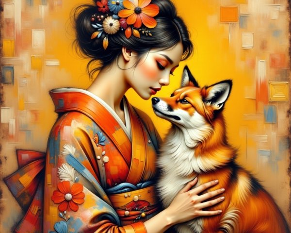 Young Woman in Kimono with Fox in Tranquil Scene