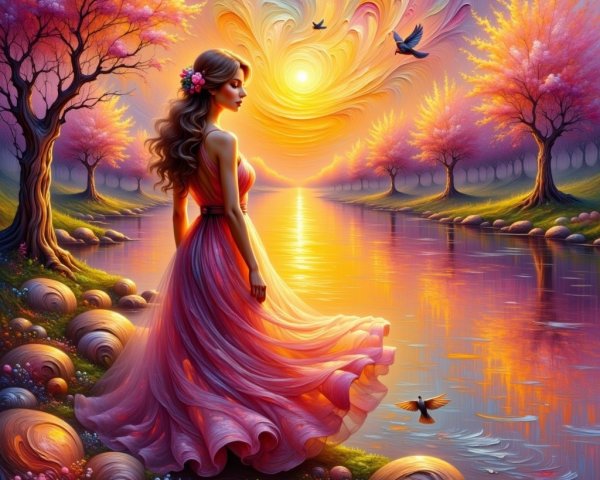 Woman in Pink Dress by Tranquil River at Sunset
