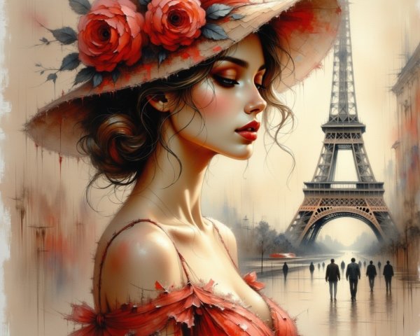 Woman in Hat with Roses at Eiffel Tower Scene