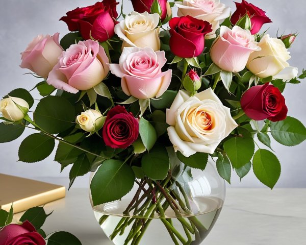 Vibrant Rose Bouquet in Glass Vase with Green Leaves