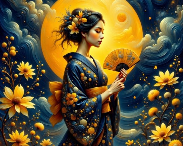 Serene Woman in Kimono with Floral Patterns and Moon