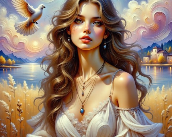 Serene Young Woman by Tranquil Lake with Dove