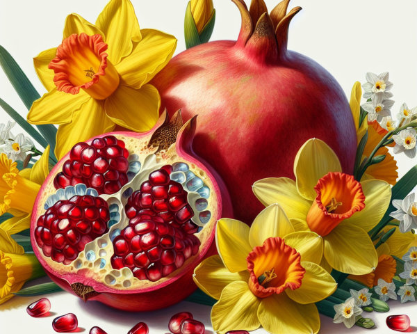Vibrant Still Life of Pomegranate and Flowers