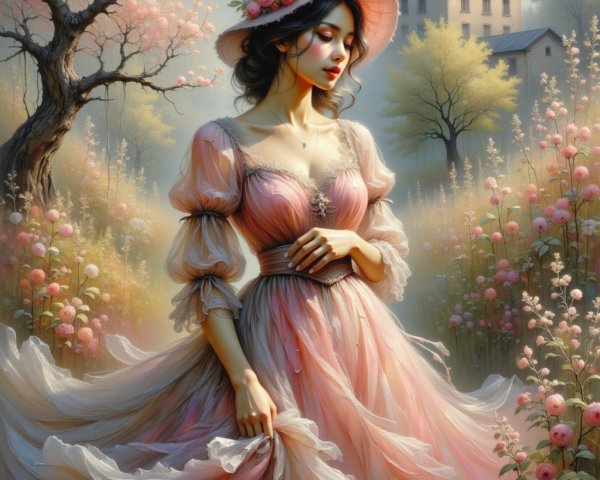 Woman in Pink Gown Surrounded by Blooming Flowers