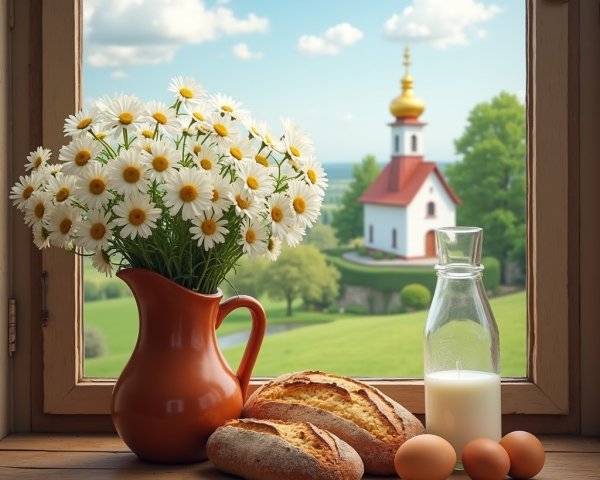 Rustic Window View with Flowers and Scenic Landscape