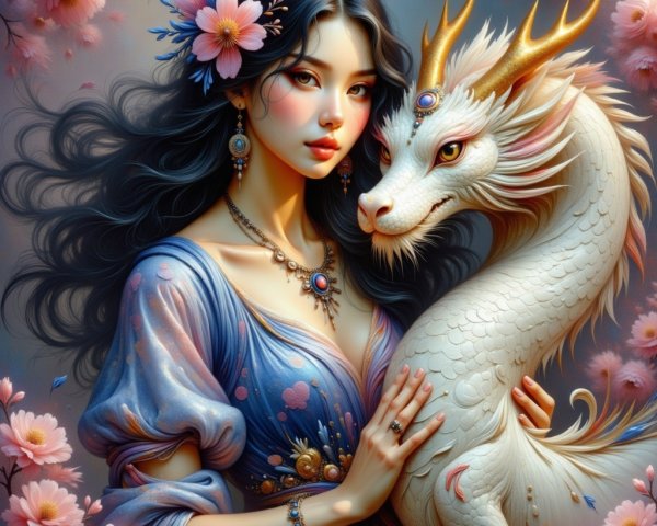 Whimsical Scene of Woman and White Dragon with Blossoms