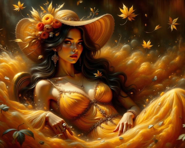 Elegant Woman in Yellow Dress Surrounded by Autumn Leaves