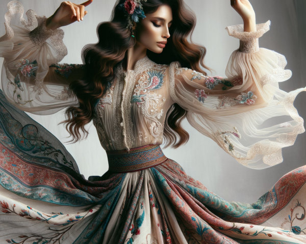 Elegant Model in Embroidered Floral Ensemble