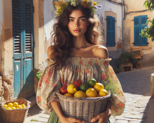 Young woman in floral blouse with basket on cobblestone street