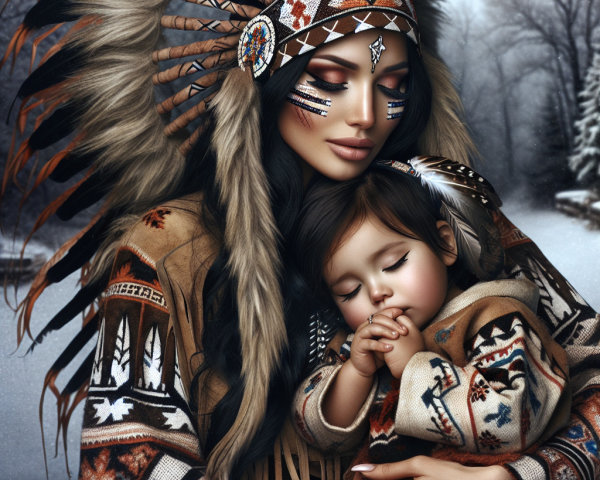 Mother and Child in Traditional Native American Attire