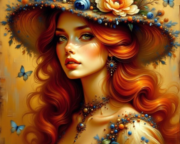 Woman with Red Hair and Floral Hat in Golden Setting