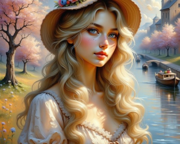 Young Woman in Straw Hat Amid Cherry Blossoms