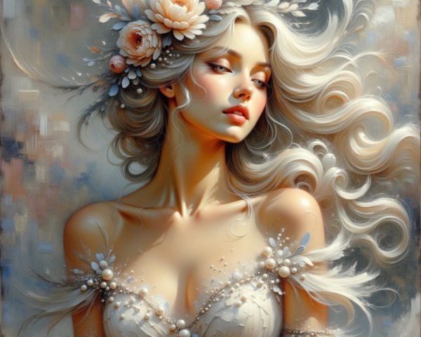 Ethereal Woman in Pearl Garment with Floral Accents