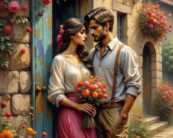 Romantic Couple in Rustic Setting with Flowers