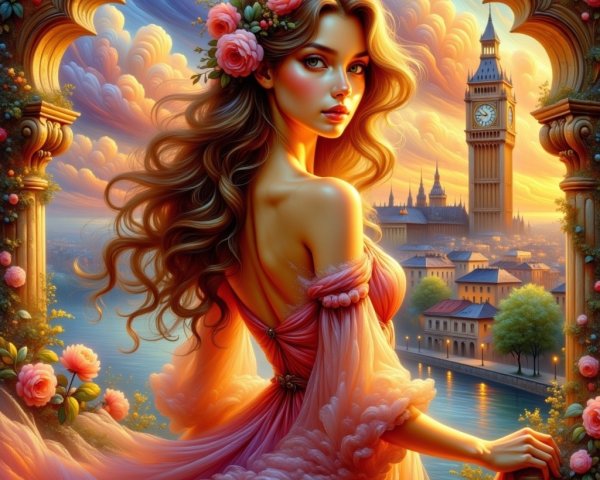 Elegant Woman in Pink Dress with Cityscape Background