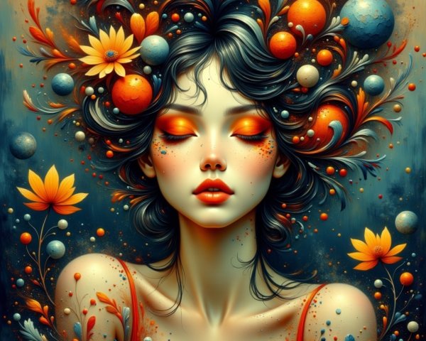 Portrait of a woman with nature and celestial motifs