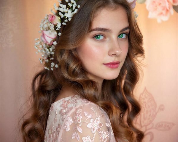 Portrait of a Young Woman with Floral Crown and Dress