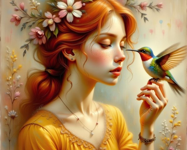 Half-body painting of young woman with reddish-orange hair