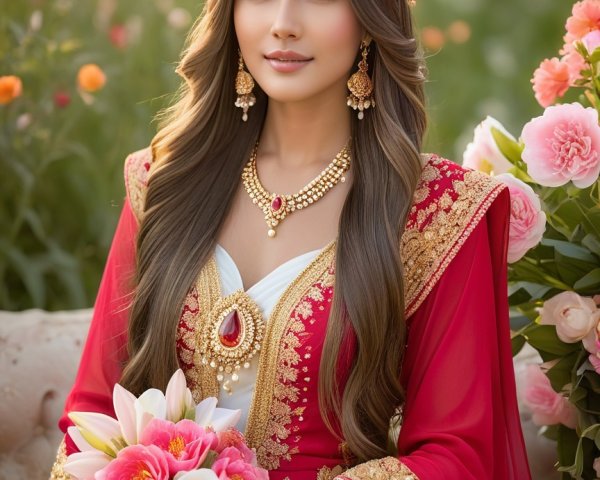 Woman in red gown in a blooming flower garden