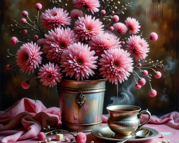 Pink Daisies in Vintage Bucket with Teacup and Cloth