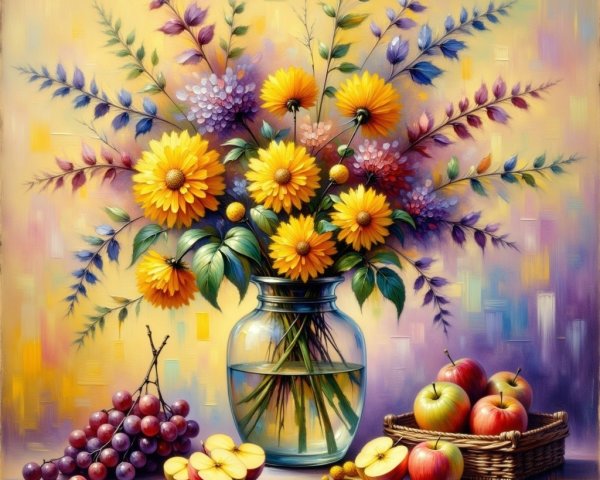 Vibrant Still Life with Flowers and Fresh Fruit