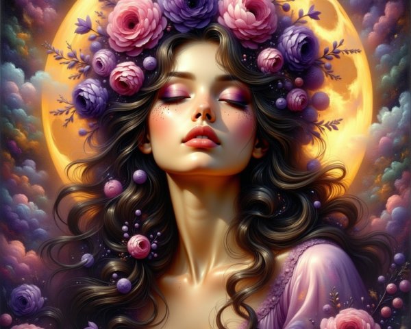Serene figure with floral crown under full moonlight