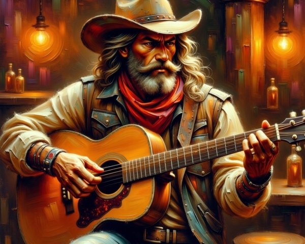 Cowboy with Guitar in Rustic Bar Setting