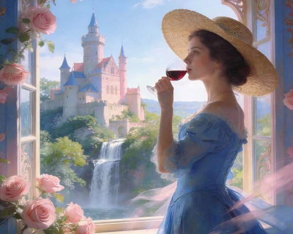 Woman in Blue Dress by Castle and Waterfall