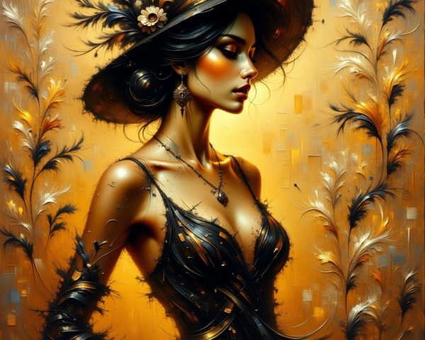 Portrait of a Woman in Glamorous Dark Dress and Hat