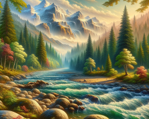 Serene Landscape with River and Snow-Capped Mountains