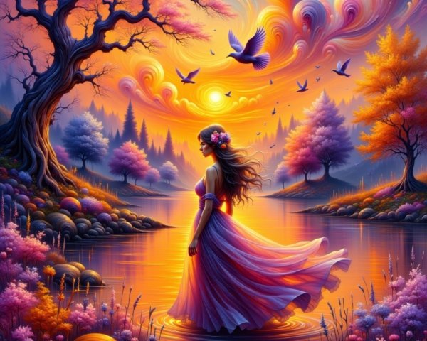 Sunset Landscape with Woman by Serene Lake