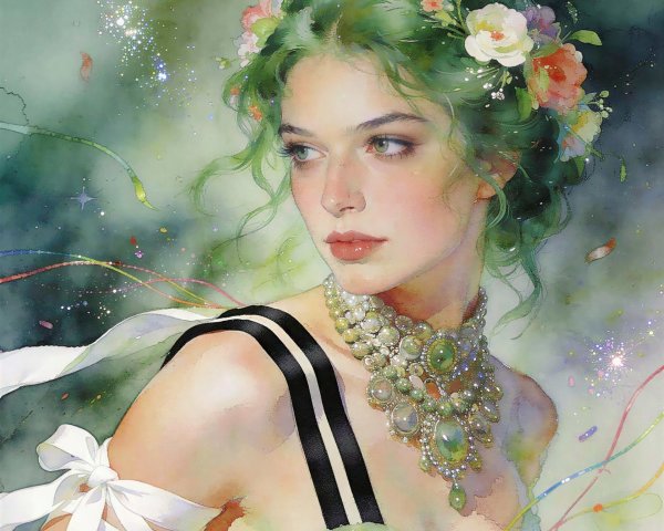 Watercolor Painting of Young Woman with Green Hair