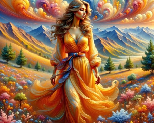 Graceful Figure in Orange Gown Amid Colorful Landscape