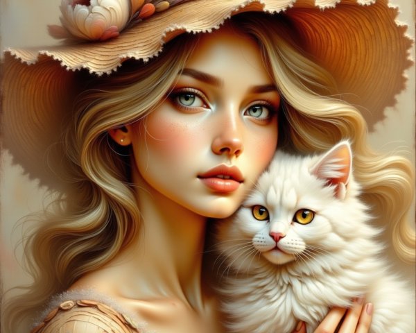 Young Woman with Cat in Floral Straw Hat