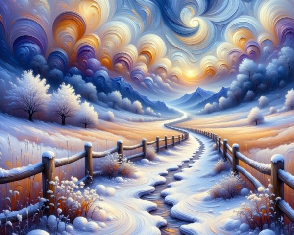 Serene Winter Landscape with Winding Snowy Pathway