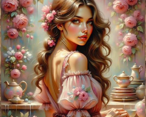 Young Woman with Roses in a Romantic Setting