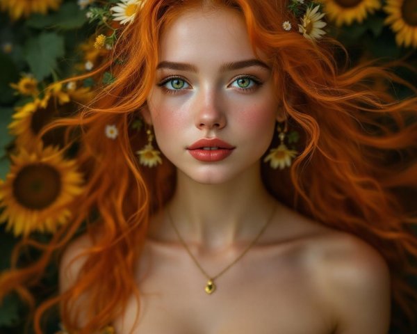 Portrait of a woman with orange hair and flowers