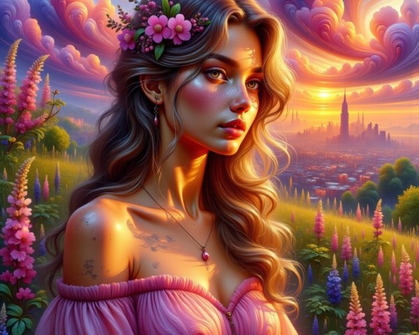 Young woman in pink dress with flowers at sunset