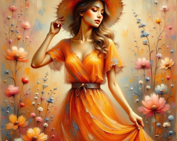 Serene Woman in Orange Dress Among Vibrant Flowers
