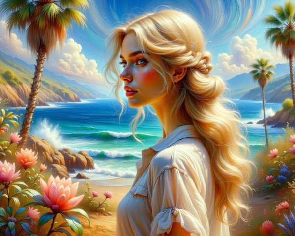 Serene Coastal Scene with Young Woman and Nature