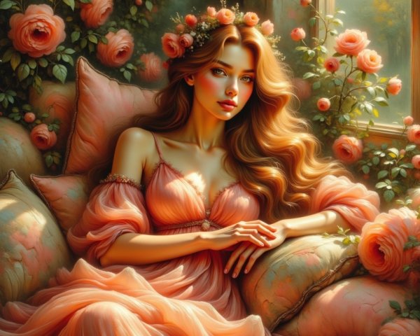 Young Woman in Floral Crown Surrounded by Roses