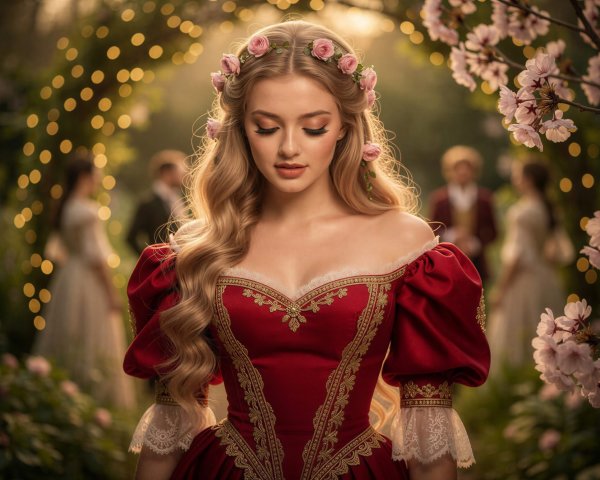 Blonde Woman in Renaissance Gown at Garden Party