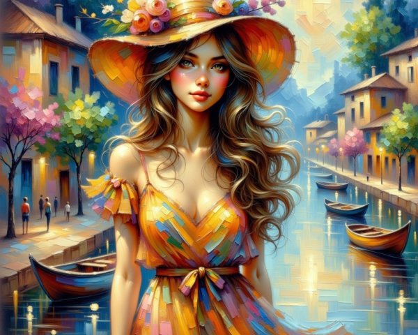 Young woman in colorful dress by serene canal scene