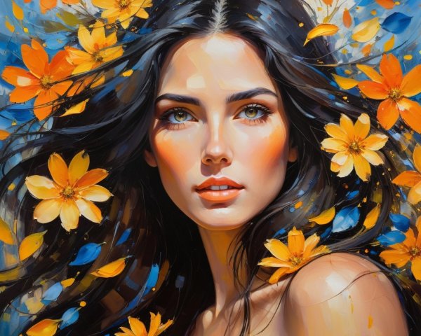 Young woman with black hair and colorful flowers
