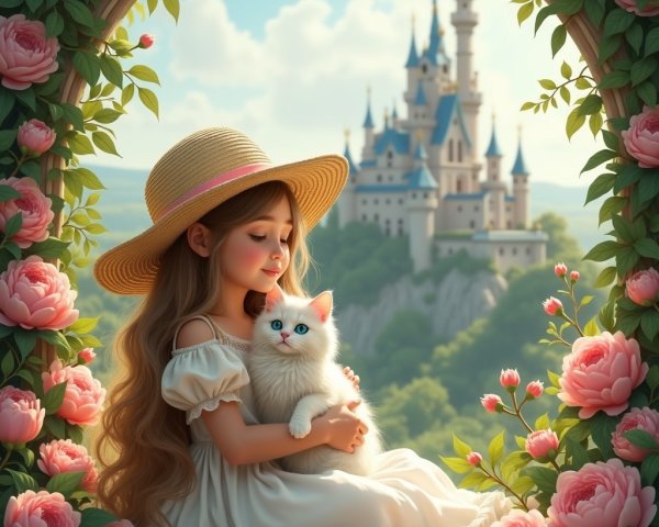 Young Girl with Cat by Castle Surrounded by Roses