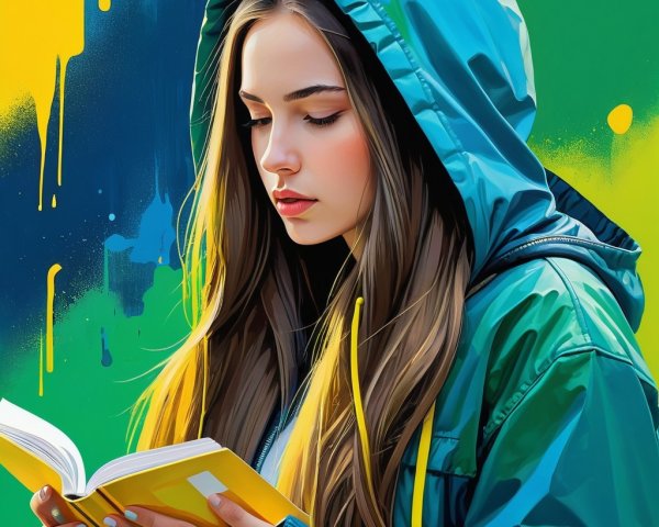 Young Woman in Teal Hoodie Reading a Yellow Book