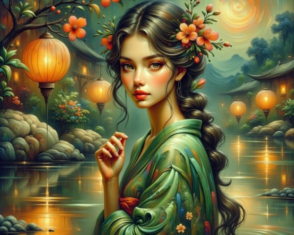 Serene Night Scene with Woman in Floral Kimono