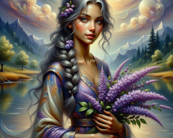Young woman by lake with silver hair and flowers